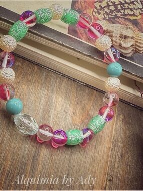 Colorful hot pink Beaded Stretch Bracelet with Mint Accent